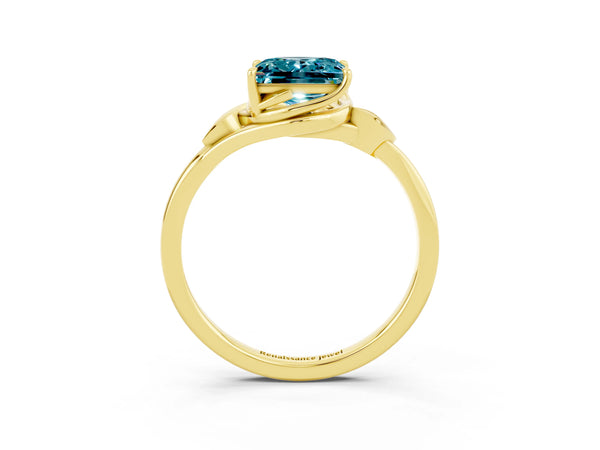 Yellow gold Princess Cut Blue Topaz Solitaire Ring with Twist Band and Four-Prong Setting