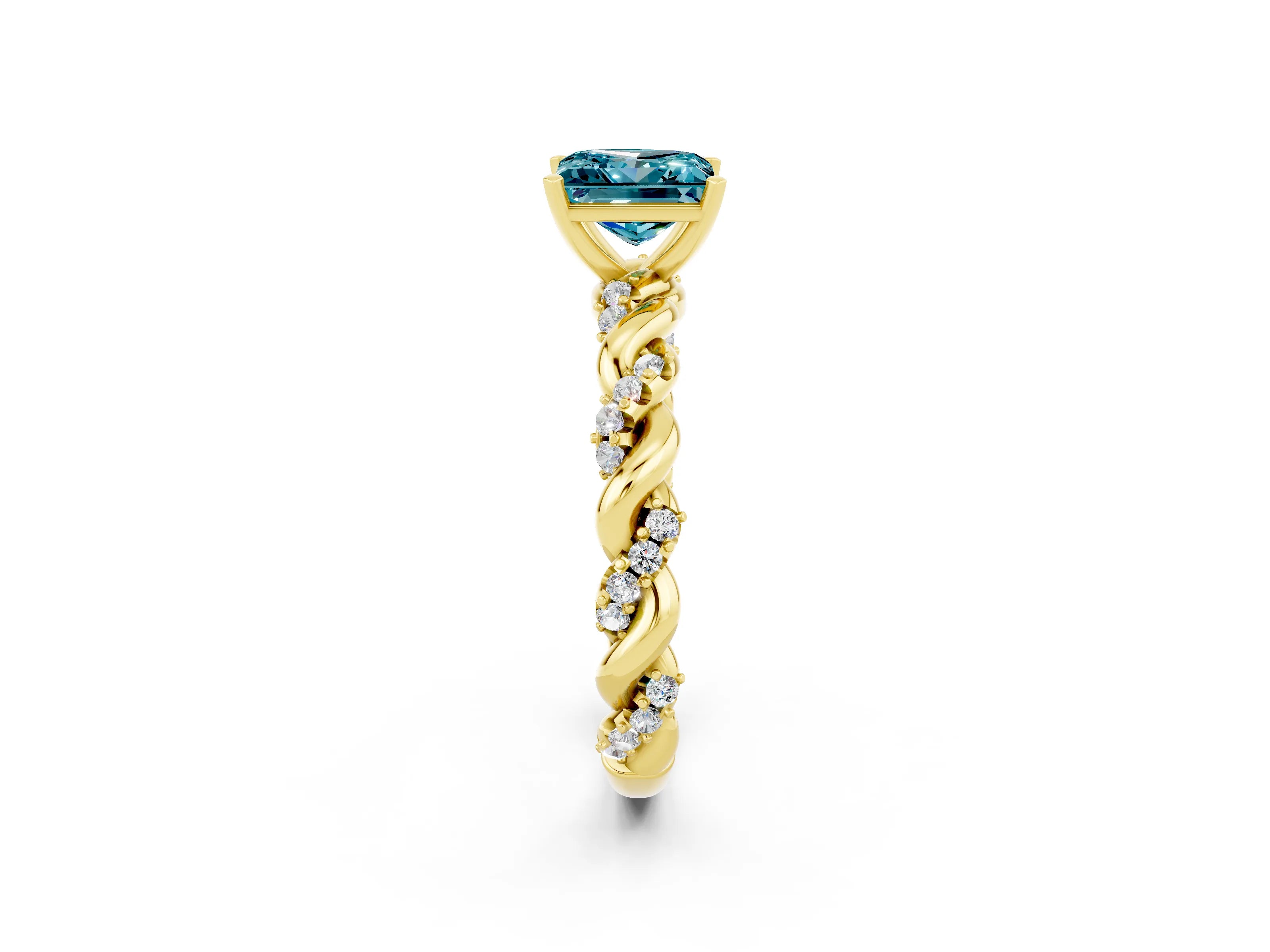 Yellow gold Princess Cut Blue Topaz Solitaire Ring with Twisted Band and Pavé Accents_2