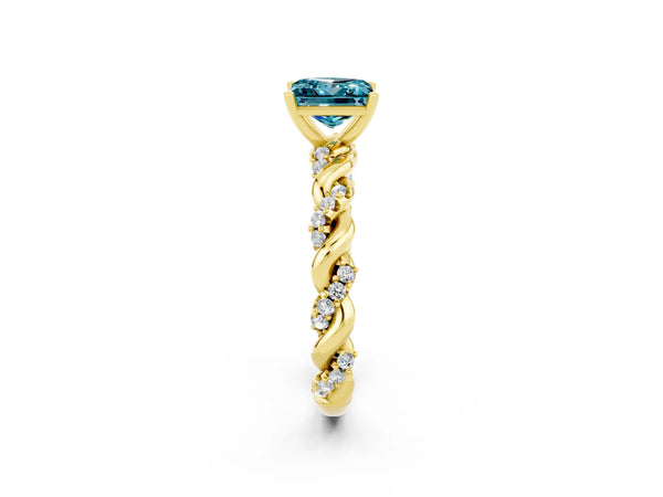 Yellow gold Princess Cut Blue Topaz Solitaire Ring with Twisted Band and Pavé Accents