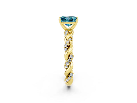 Yellow gold Princess Cut Blue Topaz Solitaire Ring with Twisted Band and Pavé Accents_2