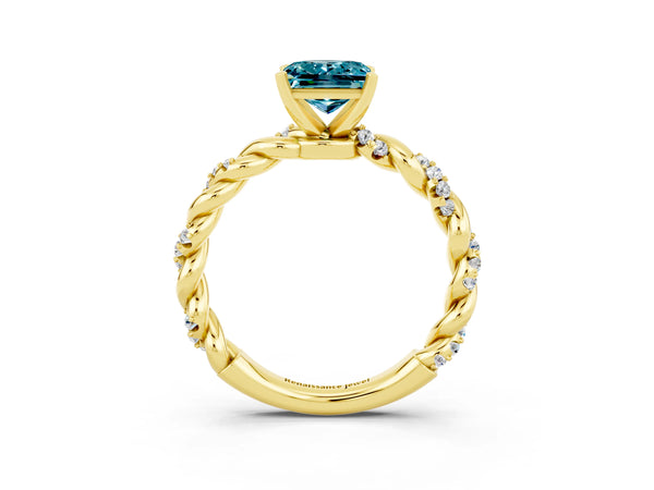Yellow gold Princess Cut Blue Topaz Solitaire Ring with Twisted Band and Pavé Accents