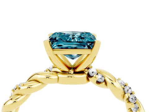 Yellow gold Princess Cut Blue Topaz Solitaire Ring with Twisted Band and Pavé Accents_4