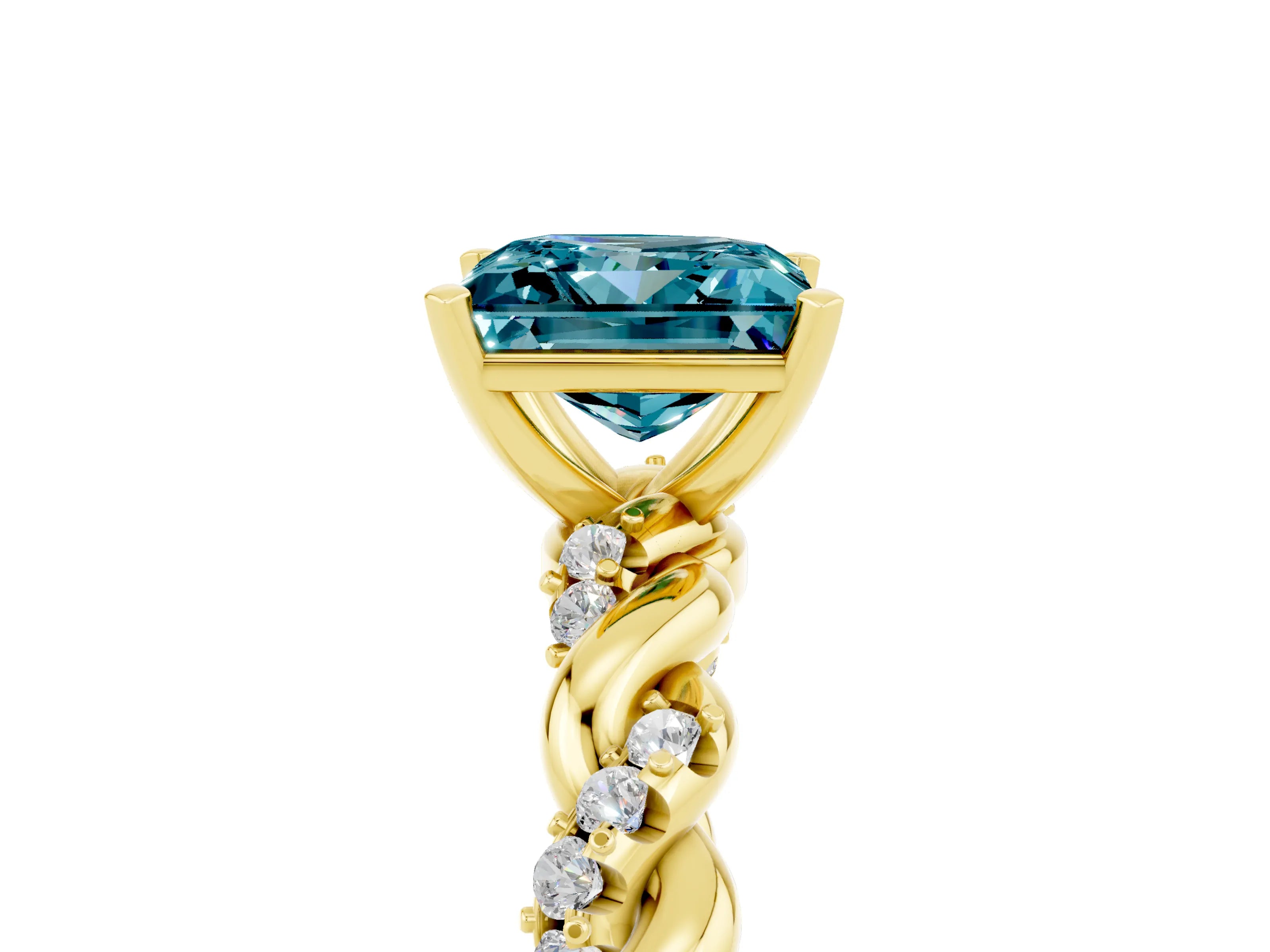 Yellow gold Princess Cut Blue Topaz Solitaire Ring with Twisted Band and Pavé Accents_5