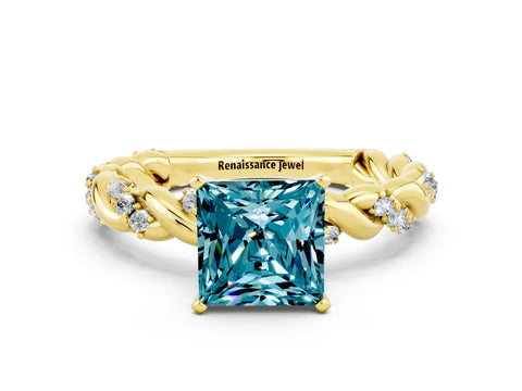Yellow gold Princess Cut Blue Topaz Solitaire Ring with Twisted Band and Pavé Accents