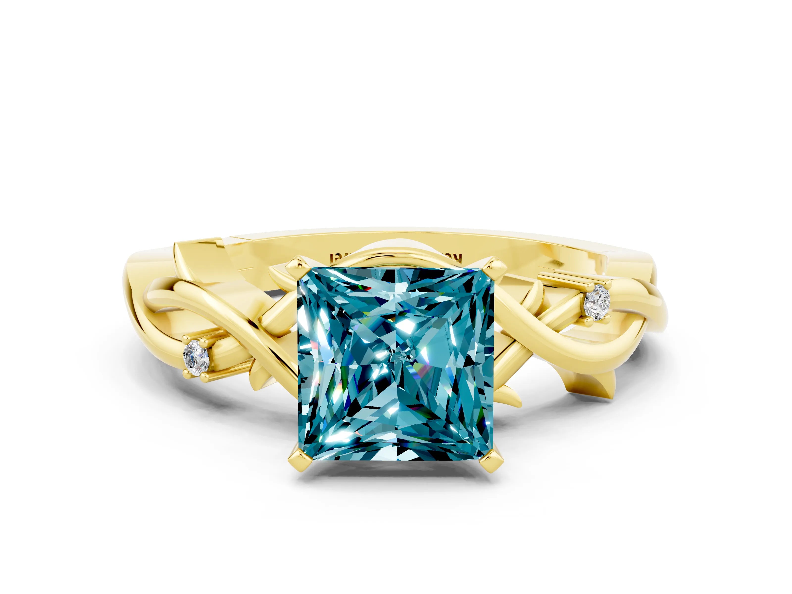 Yellow gold Princess Cut Blue Topaz Solitaire Ring with Twisted Band and Prong Setting