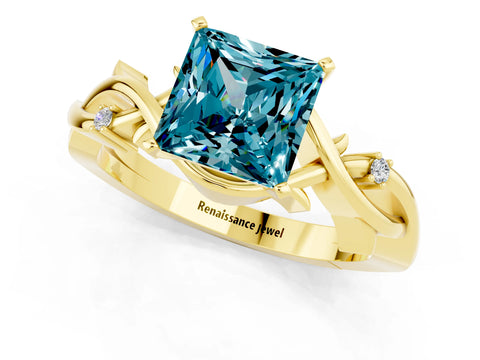 Yellow gold Princess Cut Blue Topaz Solitaire Ring with Twisted Band and Prong Setting_1