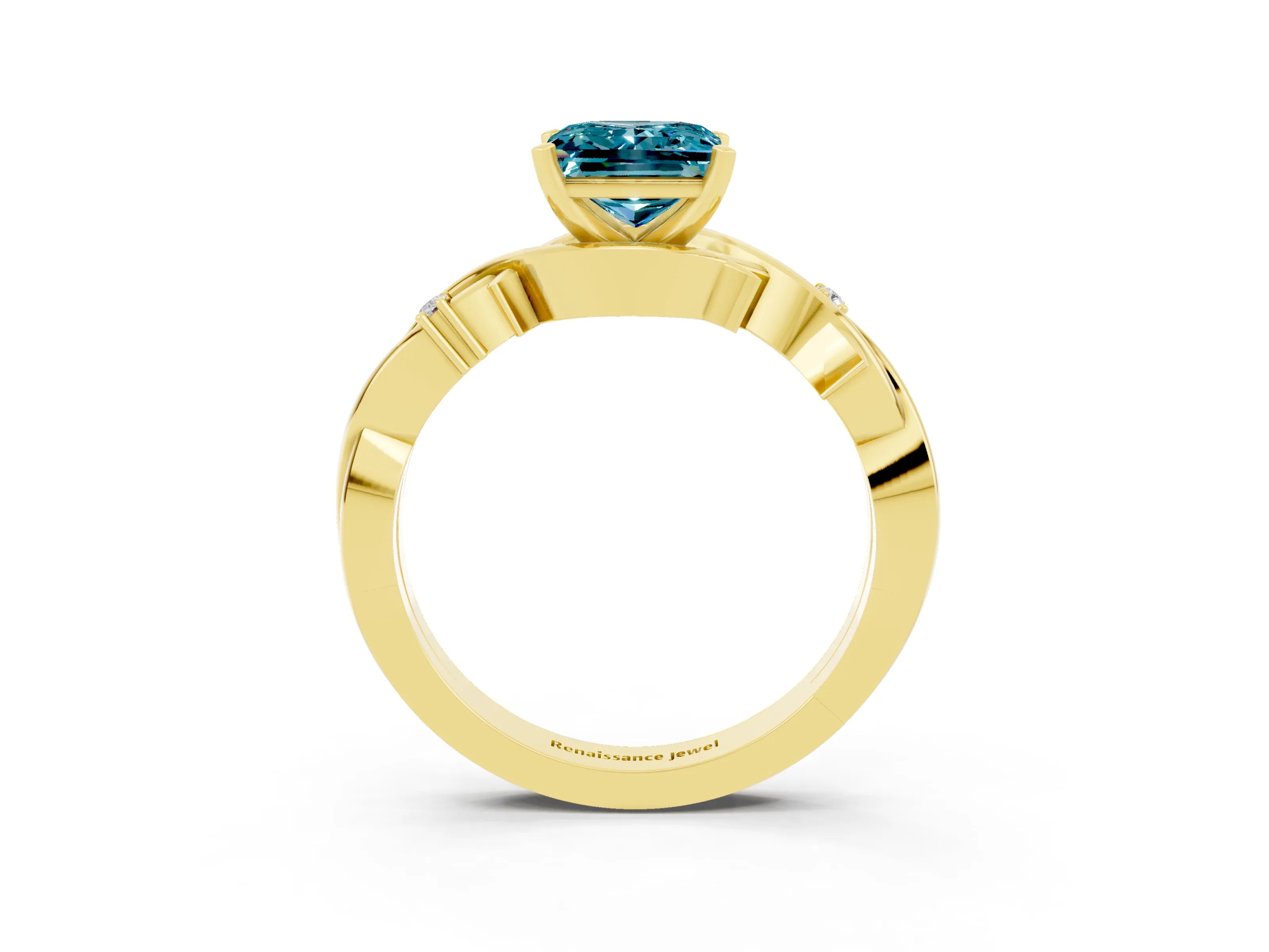 Yellow gold Princess Cut Blue Topaz Solitaire Ring with Twisted Band and Prong Setting_3