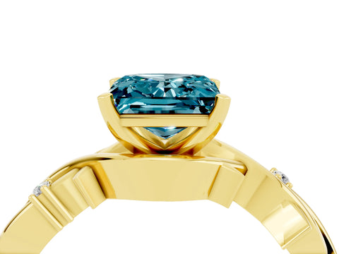 Yellow gold Princess Cut Blue Topaz Solitaire Ring with Twisted Band and Prong Setting_4