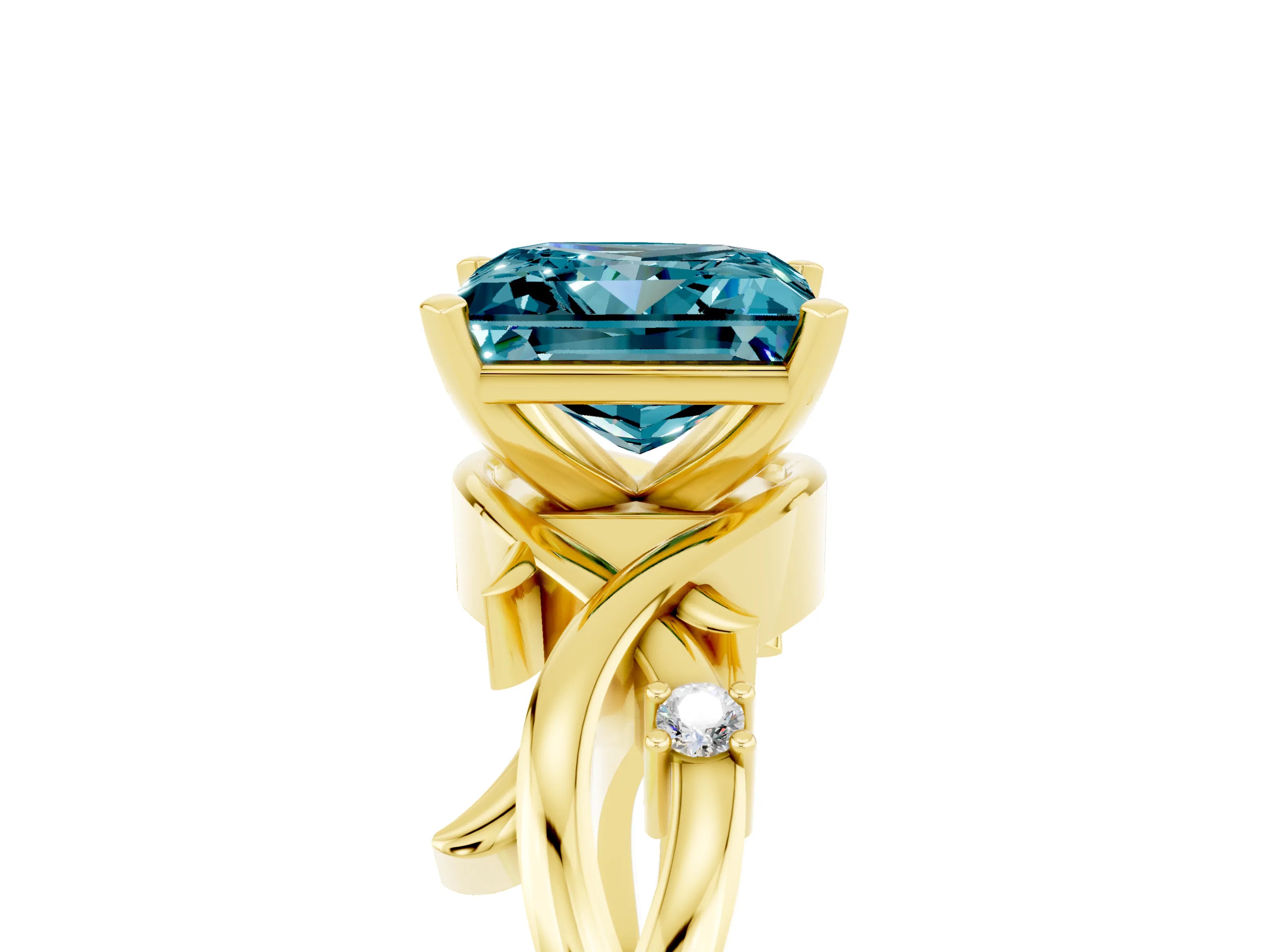 Yellow gold Princess Cut Blue Topaz Solitaire Ring with Twisted Band and Prong Setting_5