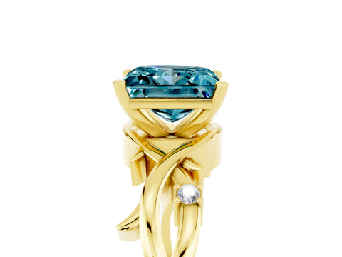 Yellow gold Princess Cut Blue Topaz Solitaire Ring with Twisted Band and Prong Setting_5