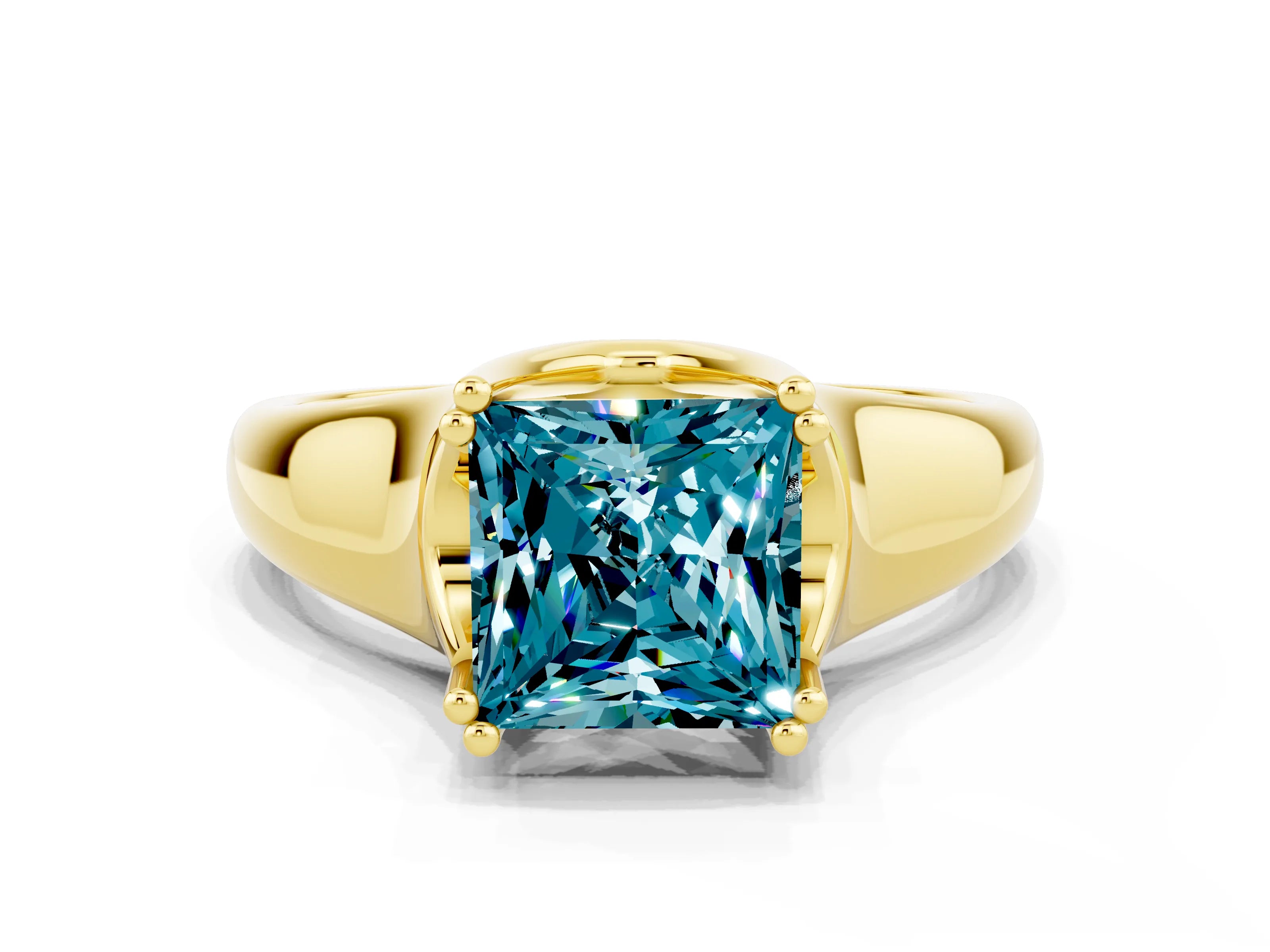 Yellow gold Princess Cut Blue Topaz Solitaire Ring with Wide Band and Prong Setting