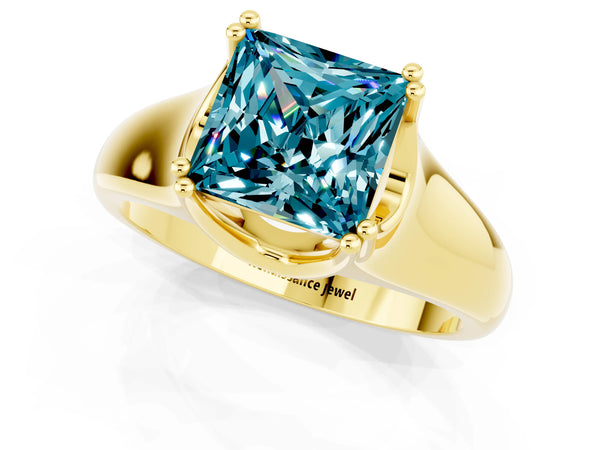 Yellow gold Princess Cut Blue Topaz Solitaire Ring with Wide Band and Prong Setting