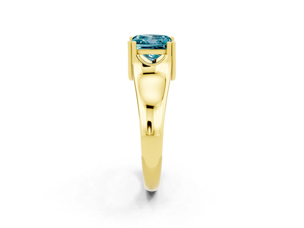 Yellow gold Princess Cut Blue Topaz Solitaire Ring with Wide Band and Prong Setting