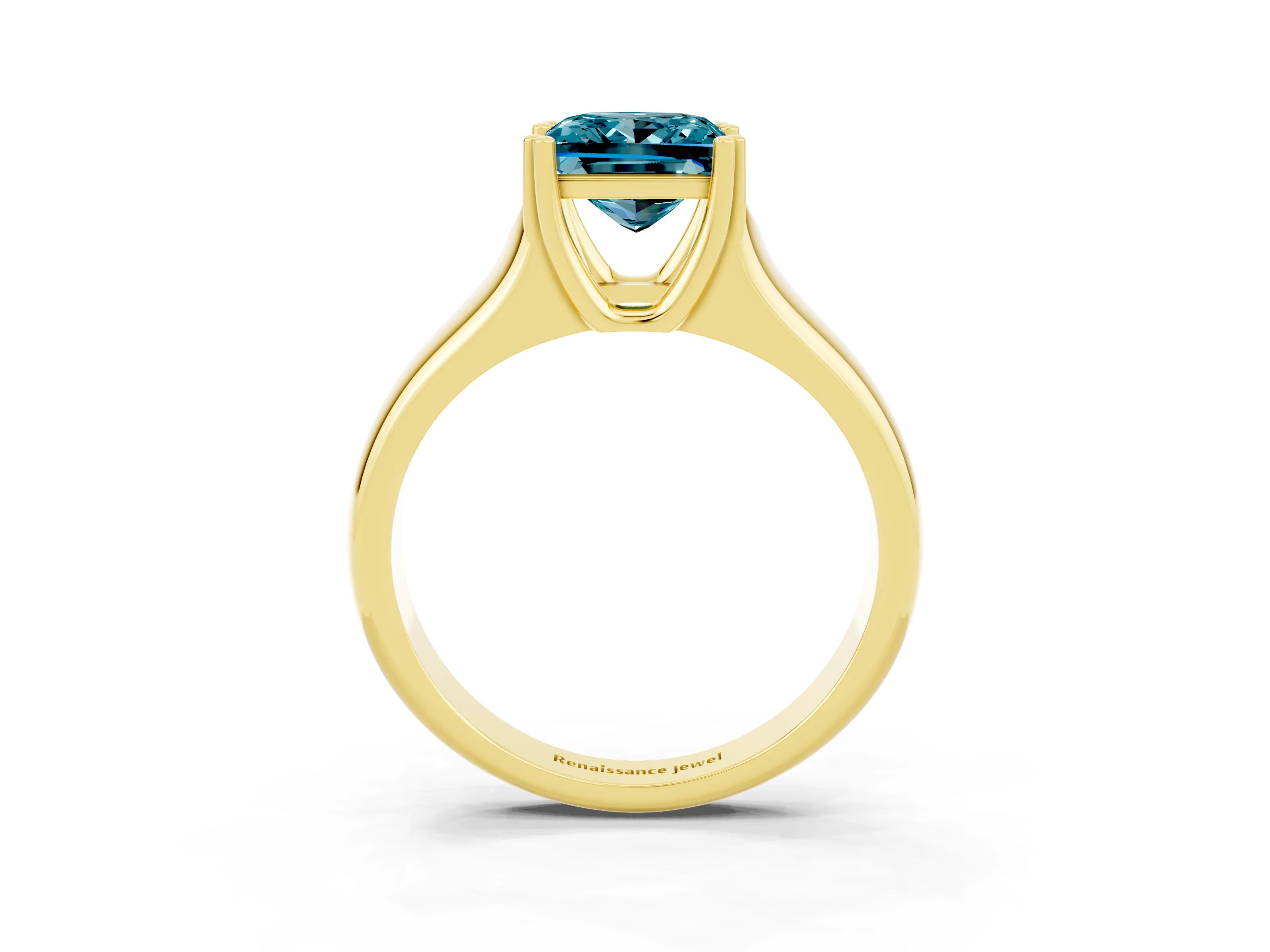 Yellow gold Princess Cut Blue Topaz Solitaire Ring with Wide Band and Prong Setting_3