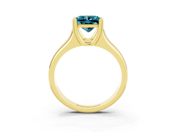 Yellow gold Princess Cut Blue Topaz Solitaire Ring with Wide Band and Prong Setting