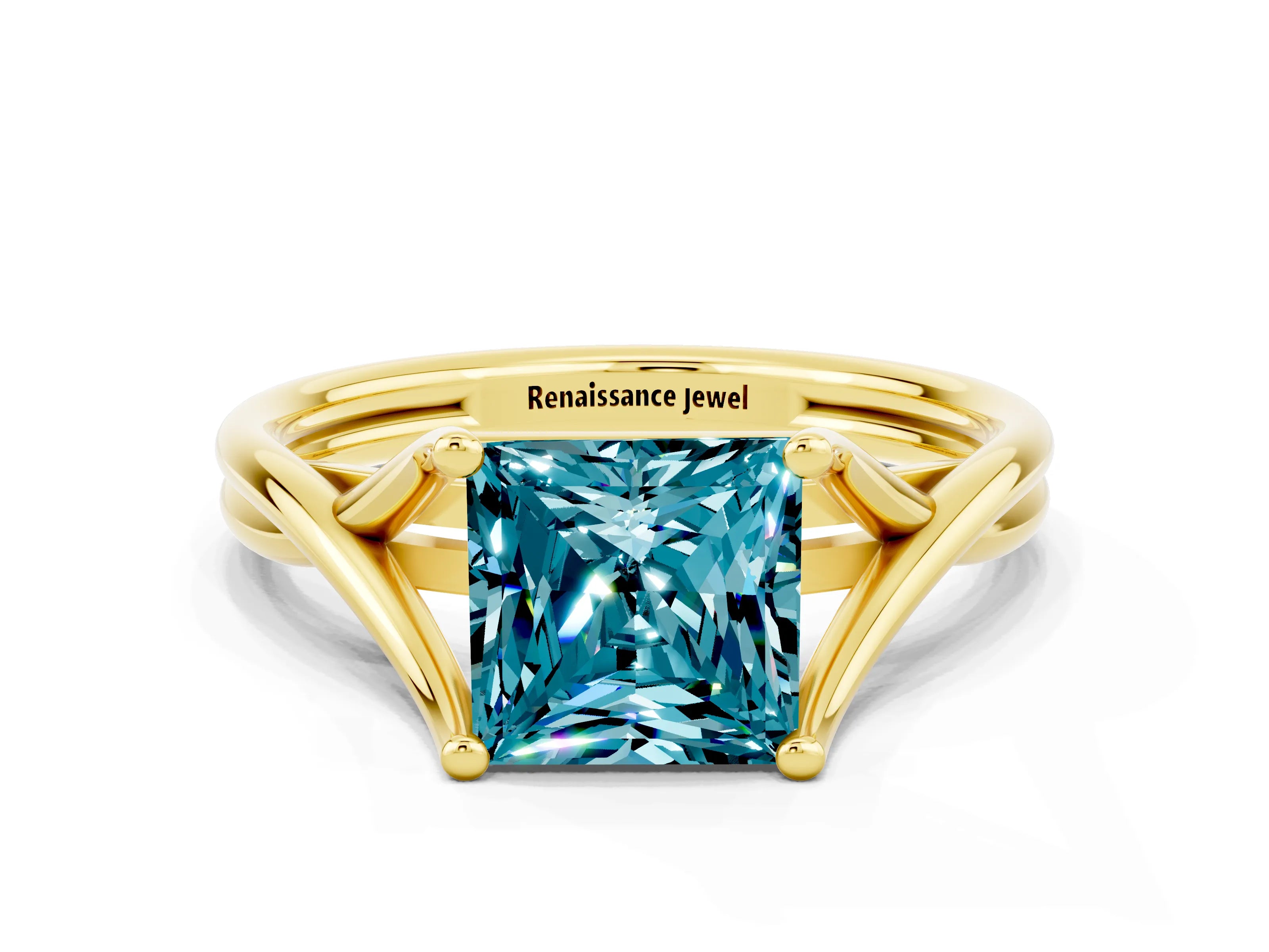 Yellow gold Princess Cut Blue Topaz Solitaire Twist Band Prong Setting Ring_72