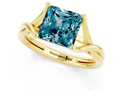 Yellow gold Princess Cut Blue Topaz Solitaire Twist Band Prong Setting Ring_73