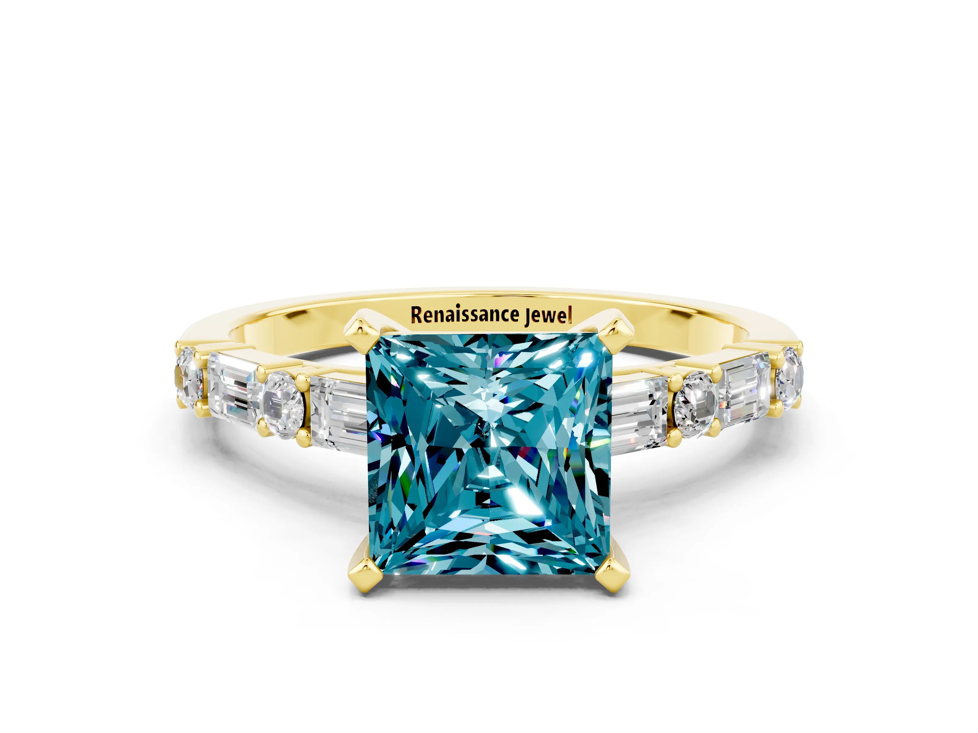 Yellow gold Princess Cut Blue Topaz Solitaire with Side Baguettes and Channel Set Band