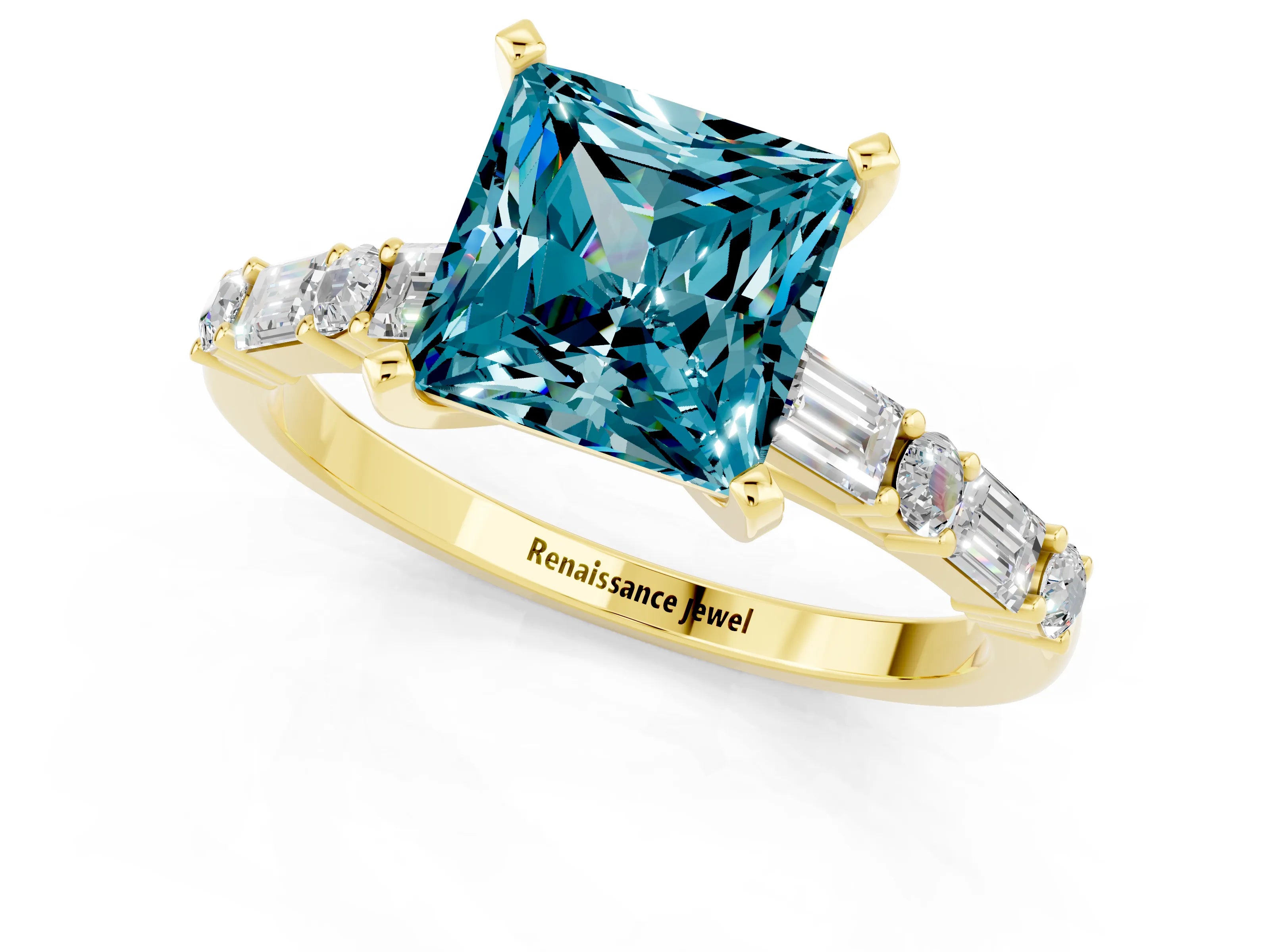 Yellow gold Princess Cut Blue Topaz Solitaire with Side Baguettes and Channel Set Band_1