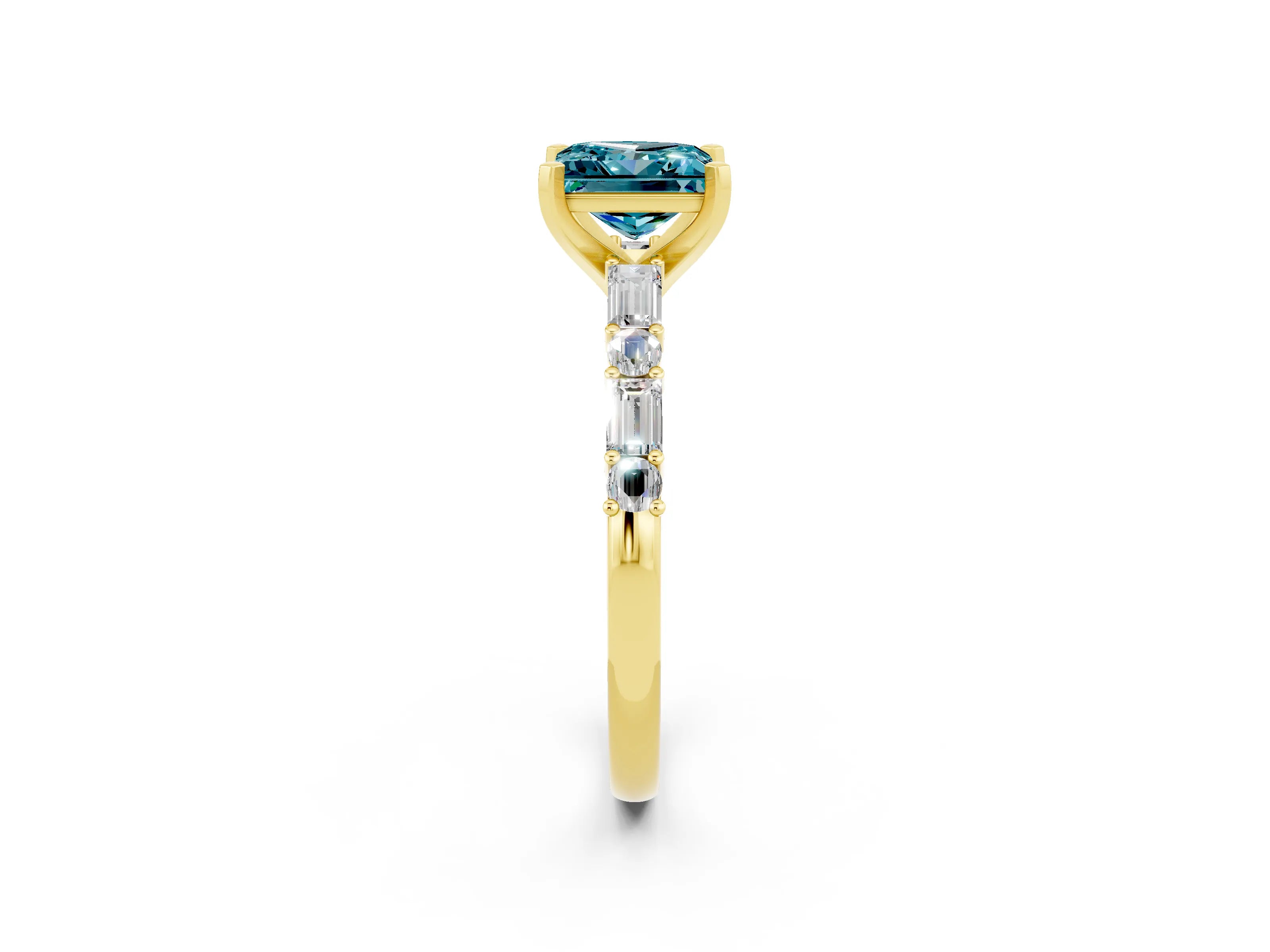 Yellow gold Princess Cut Blue Topaz Solitaire with Side Baguettes and Channel Set Band_2