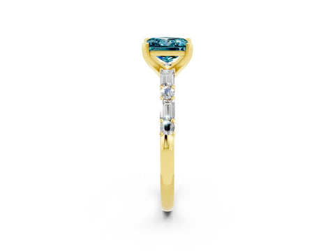 Yellow gold Princess Cut Blue Topaz Solitaire with Side Baguettes and Channel Set Band_2