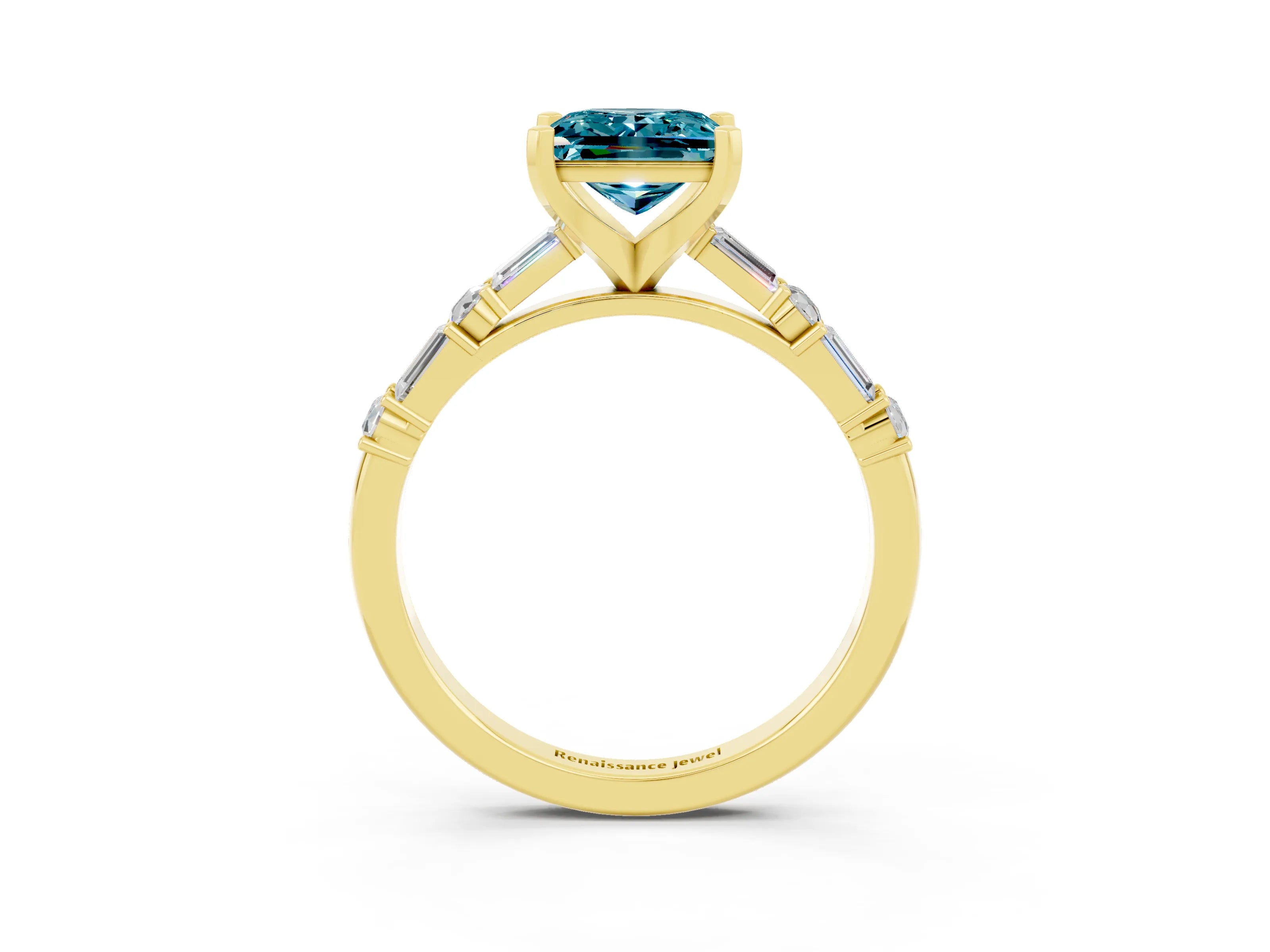 Yellow gold Princess Cut Blue Topaz Solitaire with Side Baguettes and Channel Set Band_3