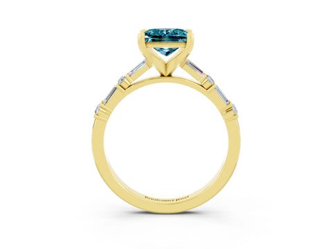 Yellow gold Princess Cut Blue Topaz Solitaire with Side Baguettes and Channel Set Band_3