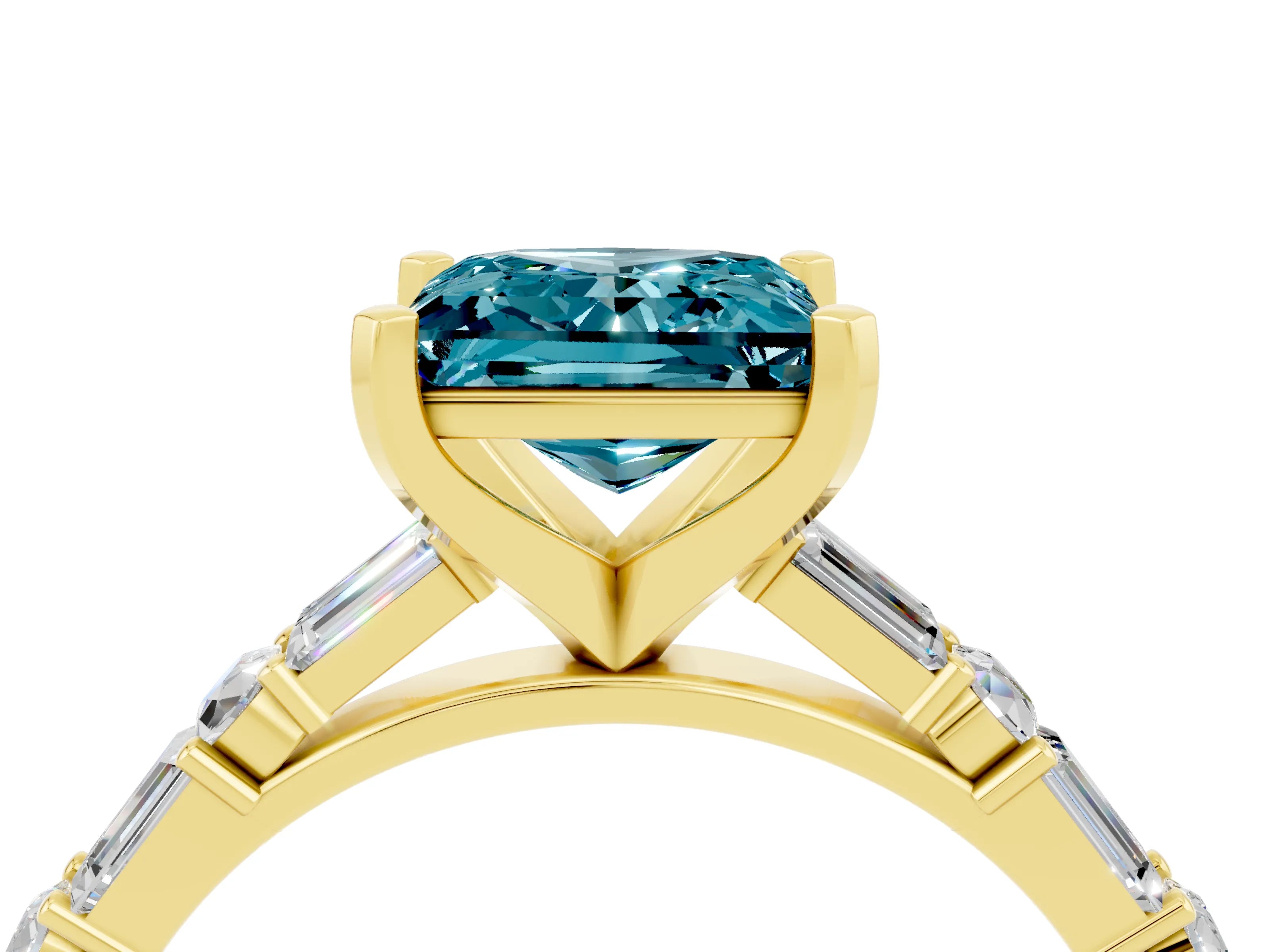 Yellow gold Princess Cut Blue Topaz Solitaire with Side Baguettes and Channel Set Band_4