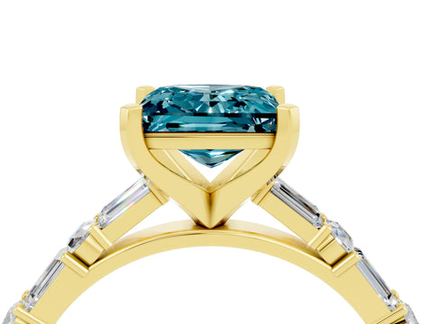 Yellow gold Princess Cut Blue Topaz Solitaire with Side Baguettes and Channel Set Band_4
