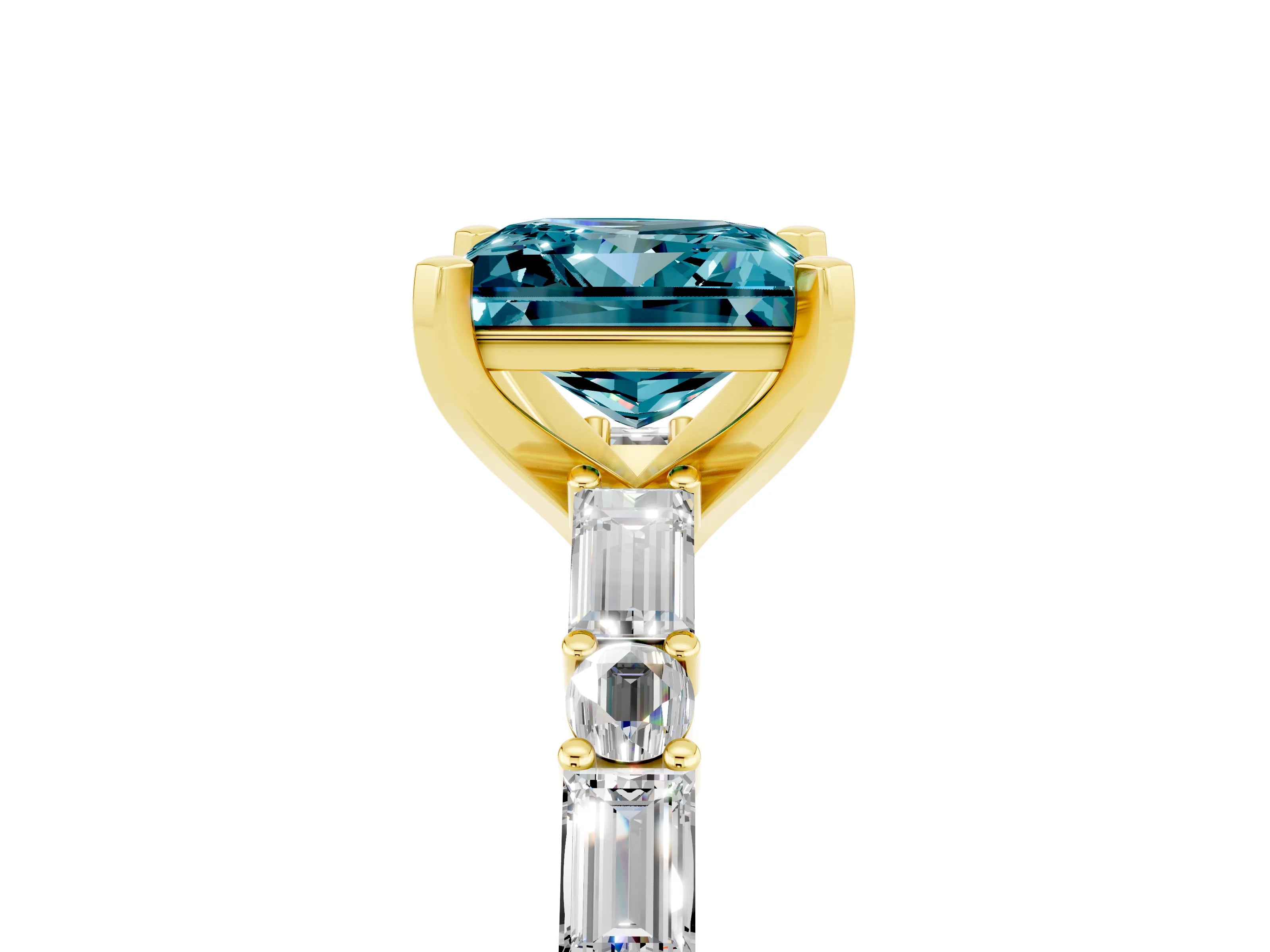 Yellow gold Princess Cut Blue Topaz Solitaire with Side Baguettes and Channel Set Band_5