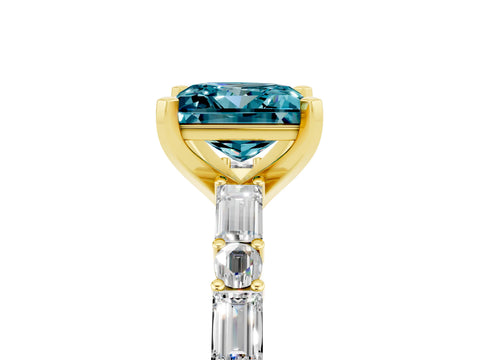 Yellow gold Princess Cut Blue Topaz Solitaire with Side Baguettes and Channel Set Band_5
