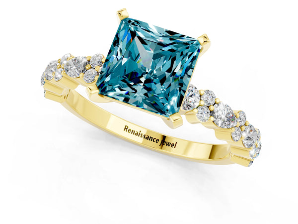 Yellow gold Princess Cut Blue Topaz Side Stone Solitaire Ring with Round  and Four-Prong Setting