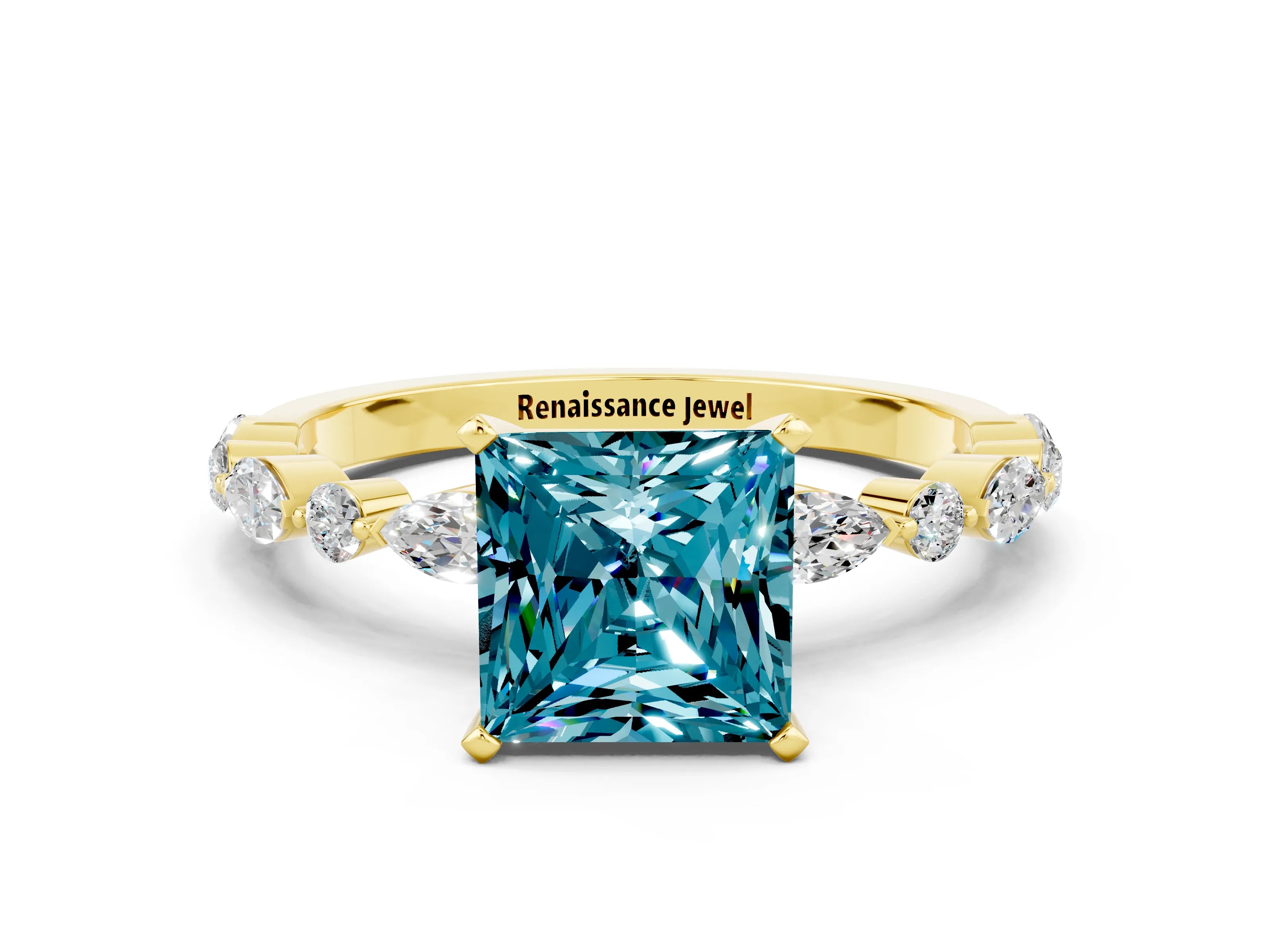 Yellow gold Princess Cut Blue Topaz Solitaire with Side Stones on a Pavé Band and Four-Prong Setting