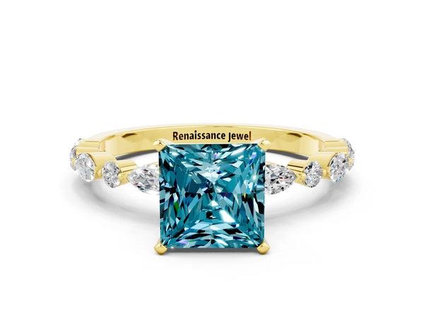 Yellow gold Princess Cut Blue Topaz Ring with Marquise and Round  Side Stones and Four-Prong Setting