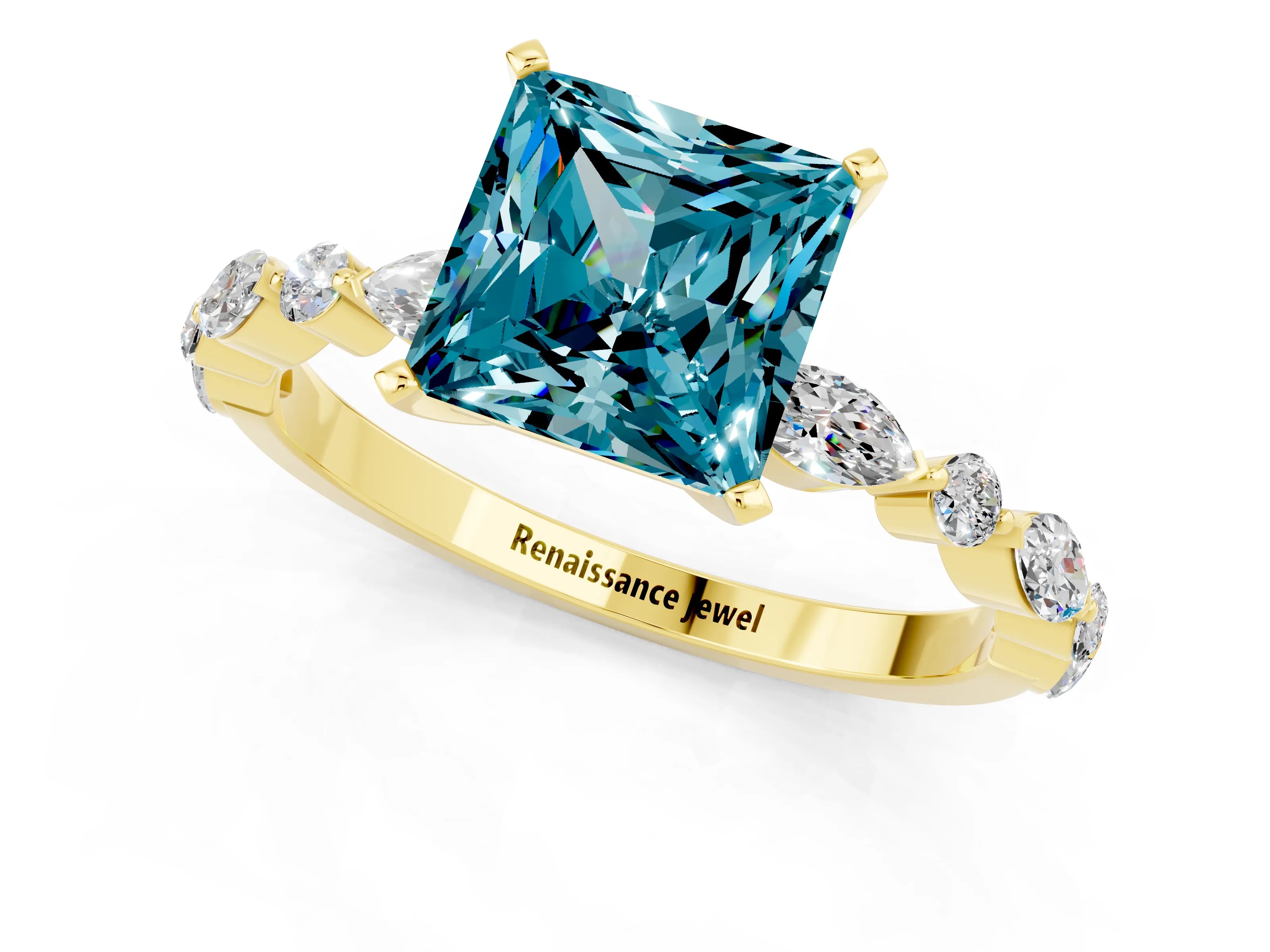 Yellow gold Princess Cut Blue Topaz Solitaire with Side Stones on a Pavé Band and Four-Prong Setting_1