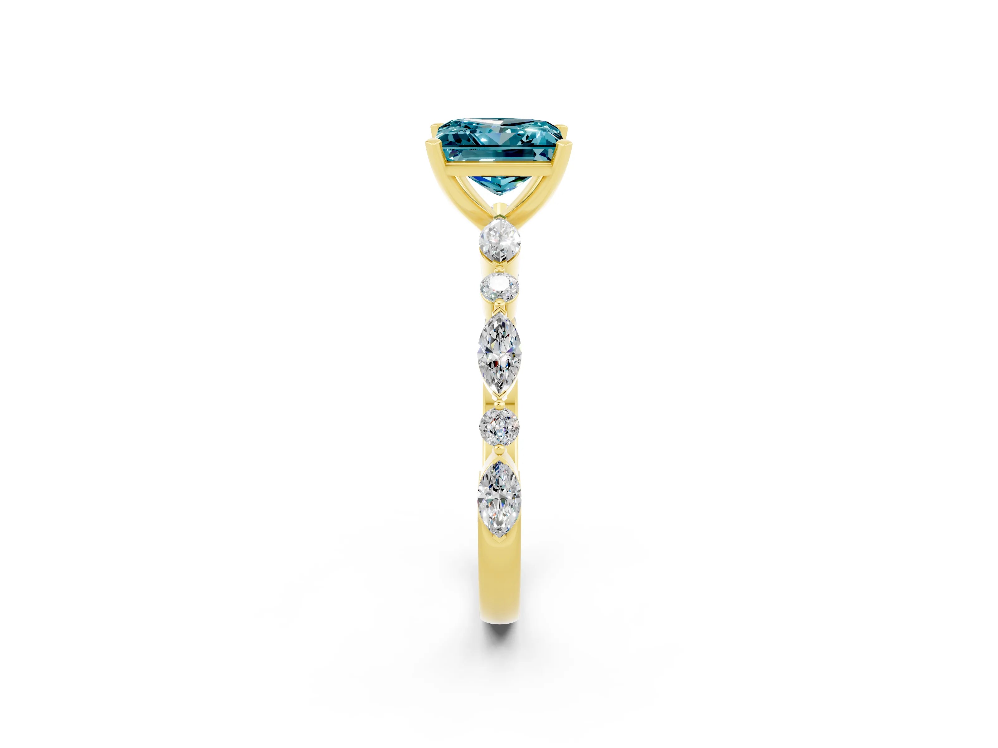 Yellow gold Princess Cut Blue Topaz Solitaire with Side Stones on a Pavé Band and Four-Prong Setting_2
