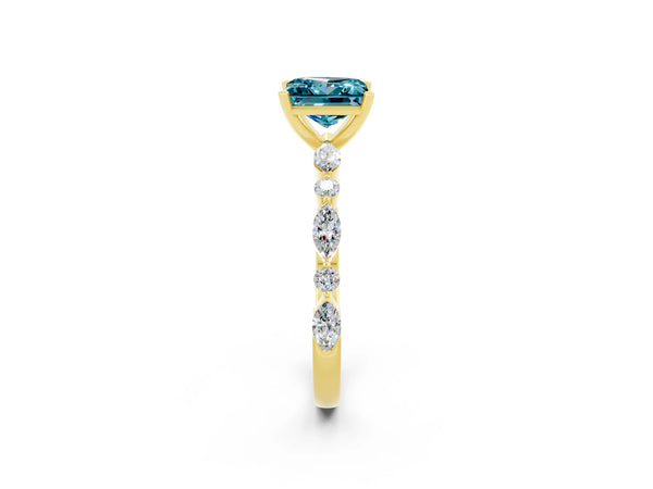 Yellow gold Princess Cut Blue Topaz Ring with Marquise and Round  Side Stones and Four-Prong Setting