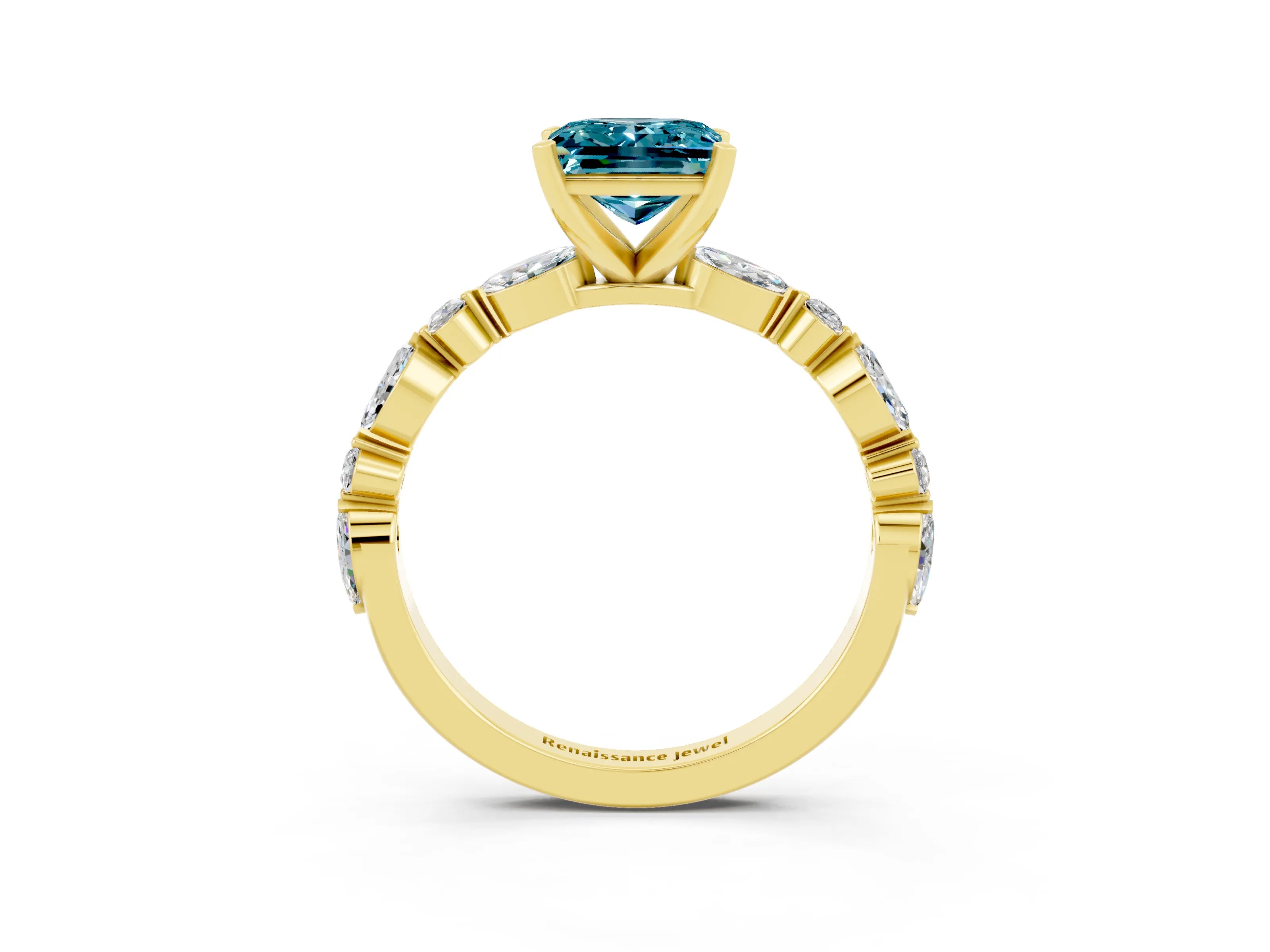 Yellow gold Princess Cut Blue Topaz Solitaire with Side Stones on a Pavé Band and Four-Prong Setting_3
