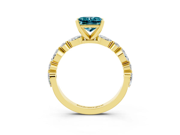 Yellow gold Princess Cut Blue Topaz Ring with Marquise and Round  Side Stones and Four-Prong Setting