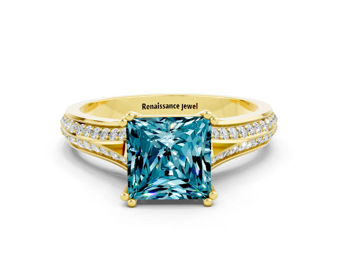 Yellow gold Princess Cut Blue Topaz Split Shank Engagement Ring with Pavé Band