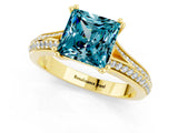 Yellow gold Princess Cut Blue Topaz Split Shank Engagement Ring with Pavé Band_1