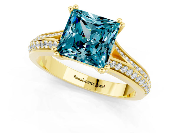 Yellow gold Princess Cut Blue Topaz Split Shank Engagement Ring with Pavé Band