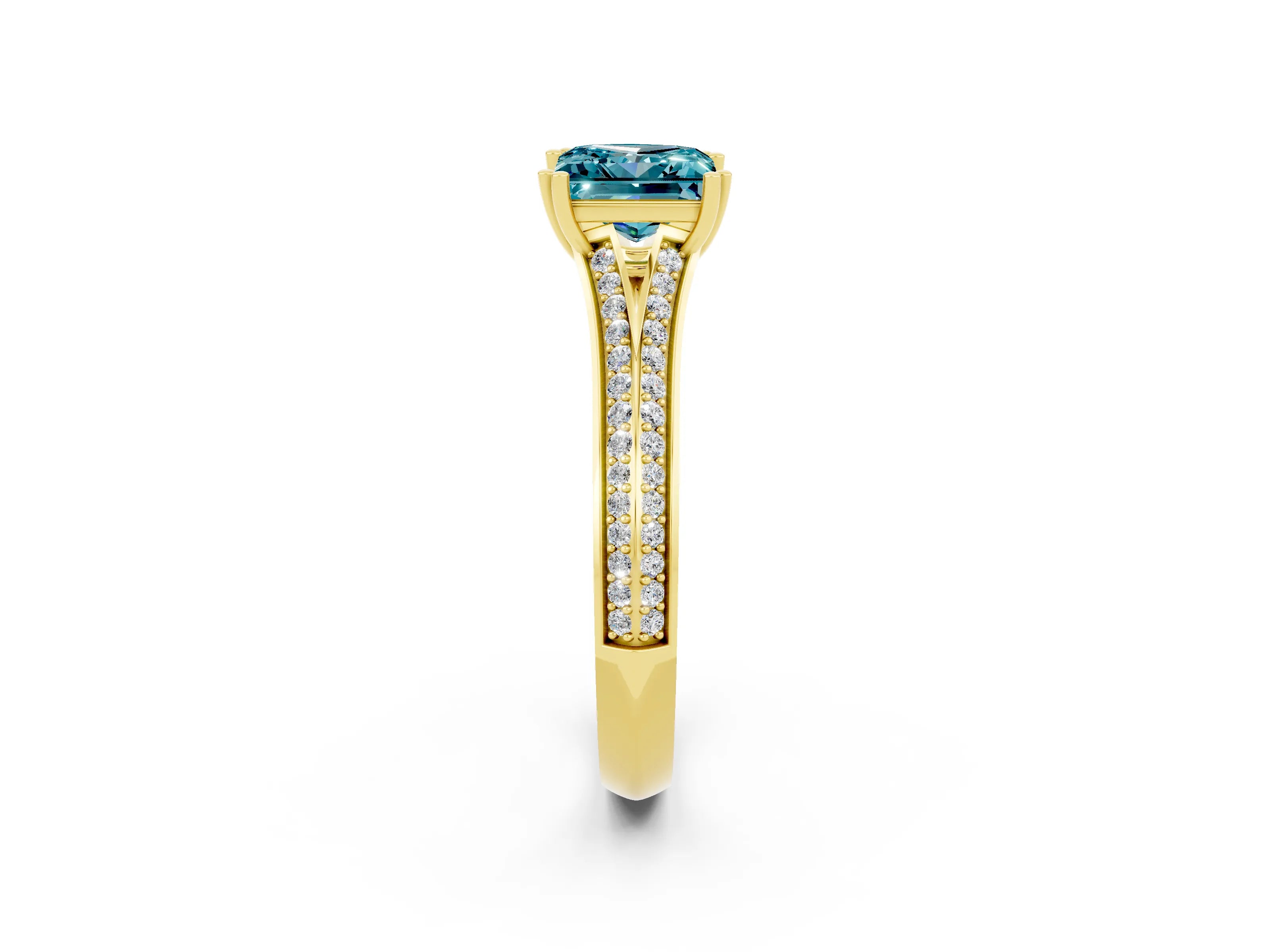 Yellow gold Princess Cut Blue Topaz Split Shank Engagement Ring with Pavé Band_2