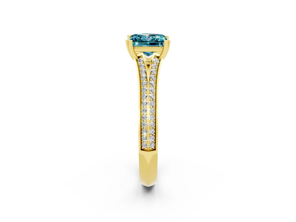 Yellow gold Princess Cut Blue Topaz Split Shank Engagement Ring with Pavé Band