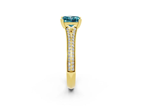 Yellow gold Princess Cut Blue Topaz Split Shank Engagement Ring with Pavé Band_2
