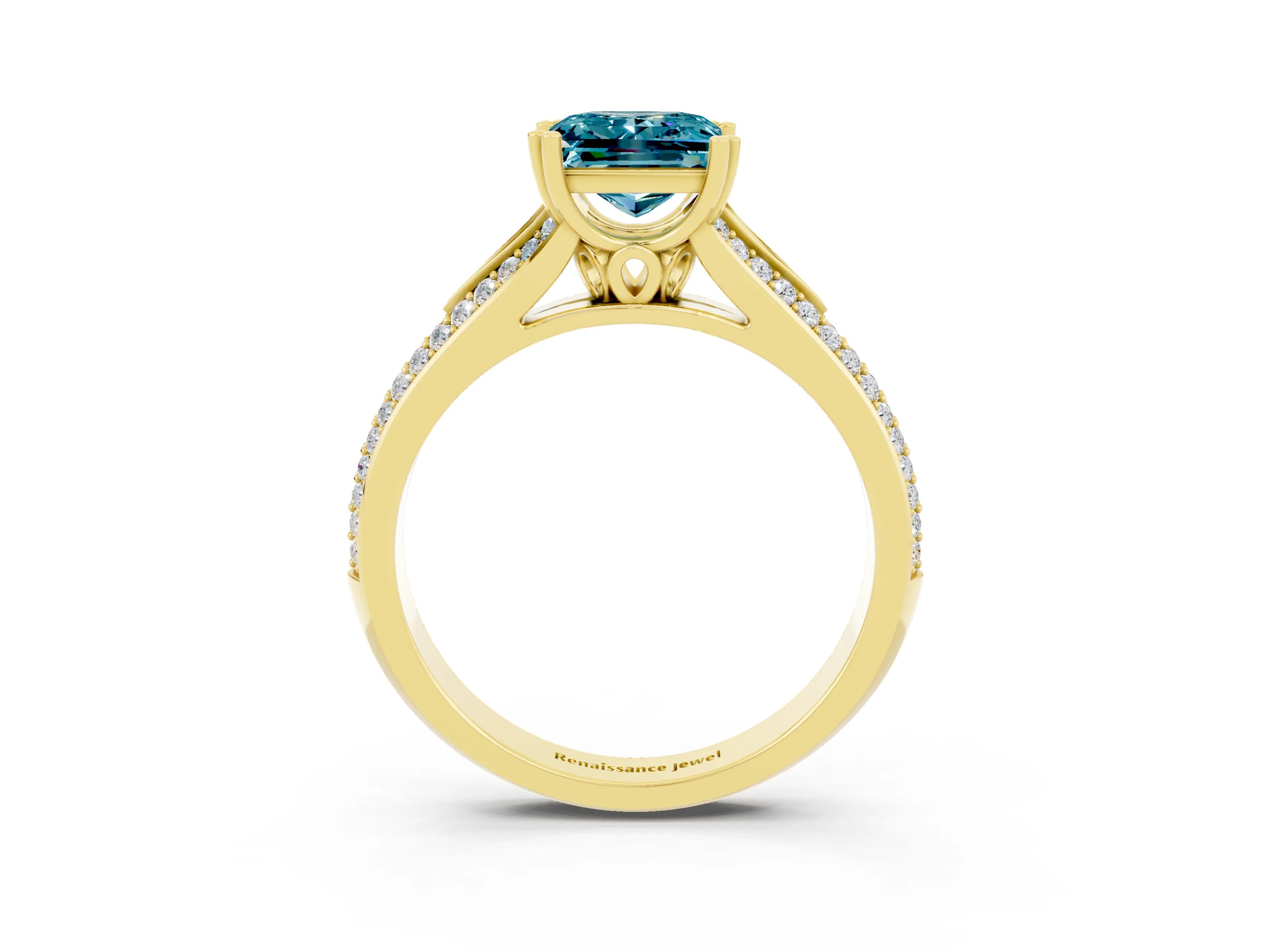 Yellow gold Princess Cut Blue Topaz Split Shank Engagement Ring with Pavé Band_3