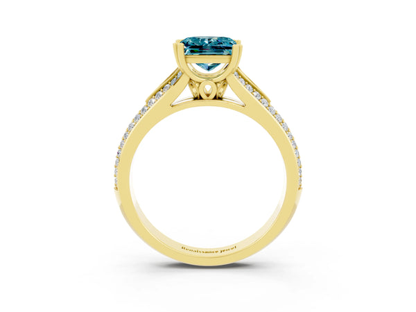Yellow gold Princess Cut Blue Topaz Split Shank Engagement Ring with Pavé Band