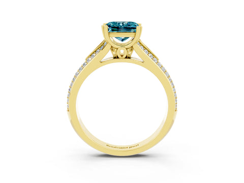 Yellow gold Princess Cut Blue Topaz Split Shank Engagement Ring with Pavé Band_3
