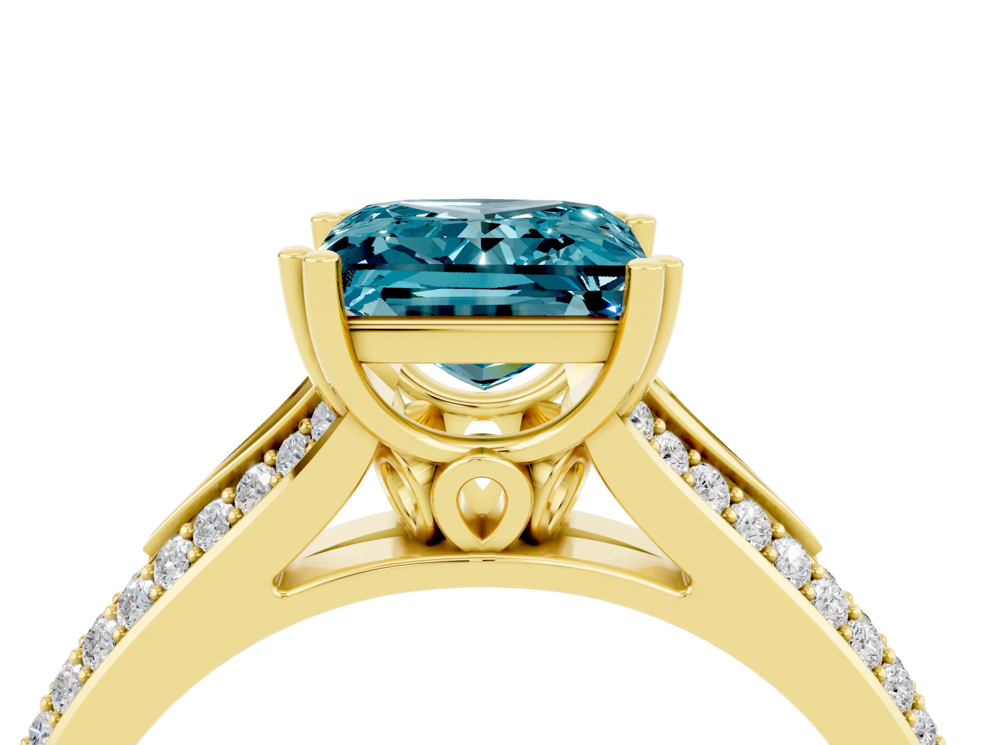 Yellow gold Princess Cut Blue Topaz Split Shank Engagement Ring with Pavé Band_4