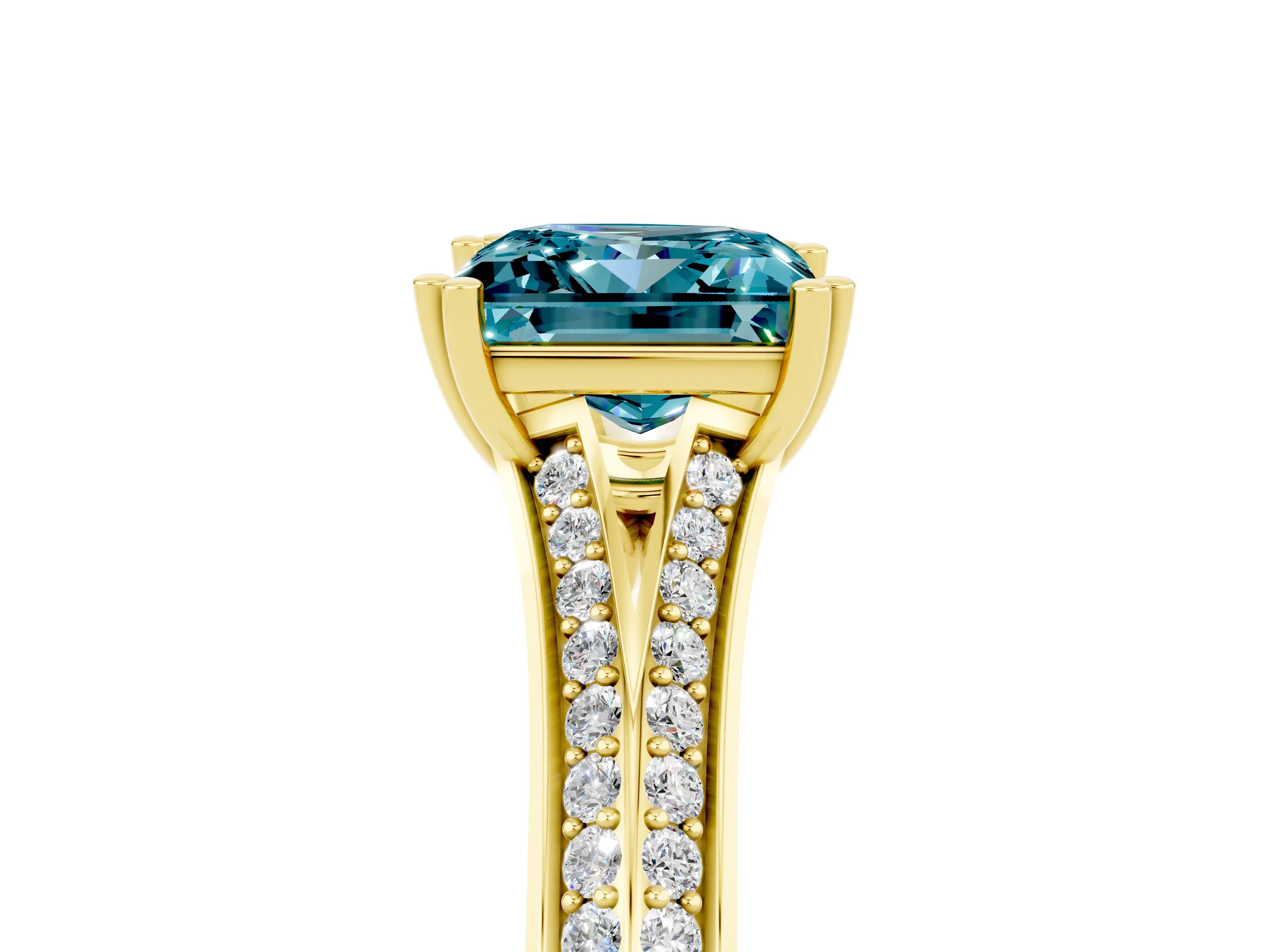 Yellow gold Princess Cut Blue Topaz Split Shank Engagement Ring with Pavé Band_5